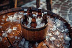 ai generado un Cubeta cunas escarchado cerveza botellas en medio de derritiendo hielo, ajuste un escena para un refrescante relajarse foto