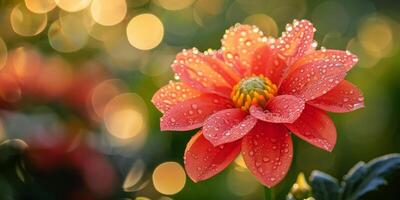 AI generated A dazzling red dahlia captures the first light of day, with sunrise bokeh sparkles enhancing its dewy splendor photo