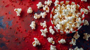 Red Bucket Filled With Popcorn on Table photo