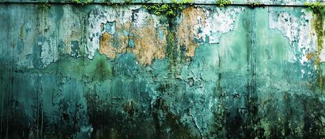 AI generated A wide view of an old wall with peeling green paint and rust stains, capturing the essence of decay and the passage of time photo