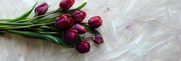 AI generated Bunch of purple tulips lying on a painted white background. photo