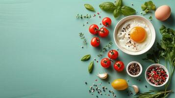 Bowl of Yogurt, Tomatoes, Basil, and Eggs on Blue photo