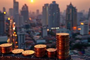 AI generated Stacks of coins reflecting the fiery sunset over a bustling city, symbolizing economic growth and investment photo