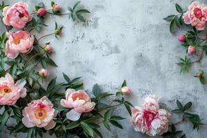 AI generated Creative layout of pink peony blossoms and foliage on a white concrete background photo