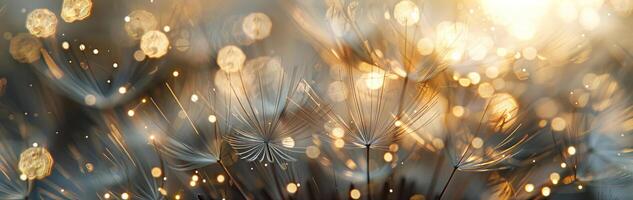 AI generated A panoramic view capturing the ethereal dance of dandelion seeds adrift in the air, illuminated by a warm, glittering bokeh light effect photo