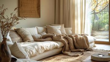Modern Living Room With White Couch and Blankets photo