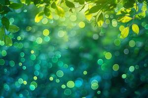 AI generated A defocused scene of a sunlit forest creates a tranquil bokeh effect with lush green leaves, conjuring a serene and mystical atmosphere photo