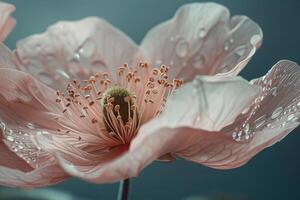 ai generado un de cerca ver de un flor con intrincado rosado pétalos adornado con gotas de rocío foto