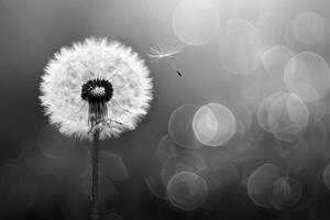 AI generated An abstract and dreamy dandelion puff in monochrome, with a single seed taking flight photo