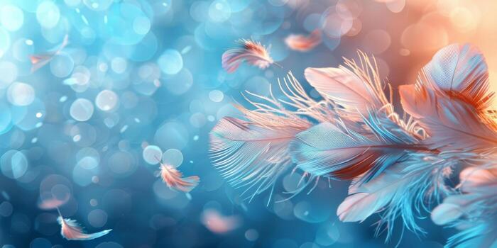 AI generated A mesmerizing display of delicate feathers floating in a mystical dance, highlighted by soft bokeh light on a serene blue backdrop photo