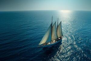 AI generated The serenity of the open sea captured through the aerial view of a modern sailboat, its billowing sails hinting at the thrill of ocean exploration photo