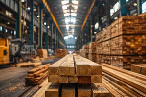 AI generated Interior of a timber mill with piles of cut wood planks, highlighting the detailed wood textures in the foreground and stacks of lumber receding into the soft-focused background photo