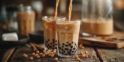 AI generated The dynamic moment of milk tea being poured over tapioca, creating splashes and capturing the movement photo