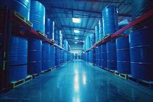 AI generated Inside a spacious distribution center with multiple blue industrial drums on pallets, the scene bathed in the blue tint of the ambient warehouse light. photo