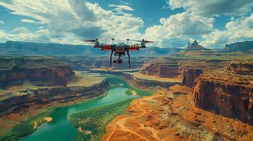 Small Plane Flying Over River in Canyon photo