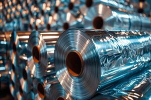 AI generated Rolls of industrial aluminum foil stored in a warehouse photo