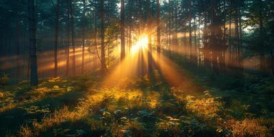 AI generated Woodland landscape with rays of sun piercing through the foliage photo