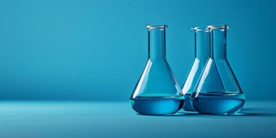 AI generated Three laboratory glass flasks with blue liquids, neatly arranged on a blue surface with a minimalist scientific setup photo