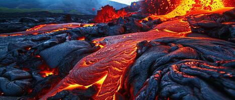 ai generado sumergirse tú mismo en el impresionante espectáculo de de la naturaleza furia como ardiente lava fluye desde el lo más hondo de el tierra foto