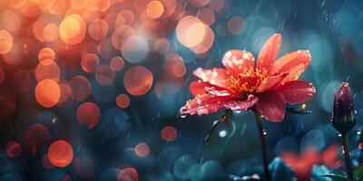 AI generated A vivid red flower, heavy with sparkling water droplets, is the focal point against a bokeh backdrop illuminated by soft light photo