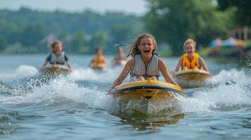 Group of People Riding Jet Skis on a Body of Water photo