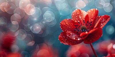 AI generated A solitary red poppy, adorned with crystal-clear dew drops, stands out with a bokeh dreamscape in cool blue tones photo