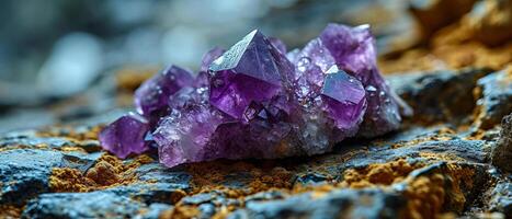 AI generated Lustrous raw amethyst crystal clusters nestled among rocks, displaying their natural purple splendor photo