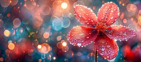 AI generated An enchanting red anemone, highlighted by delicate dewdrops, shines against an ethereal backdrop of cool-toned bokeh lights photo