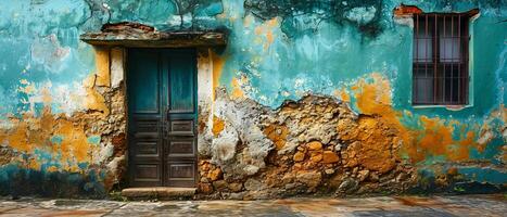 AI generated A wide view of an old wall with peeling green paint and rust stains, capturing the essence of decay and the passage of time photo