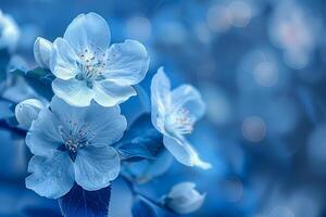 ai generado de cerca en blanco Pera árbol flores con un suave azul bokeh antecedentes foto