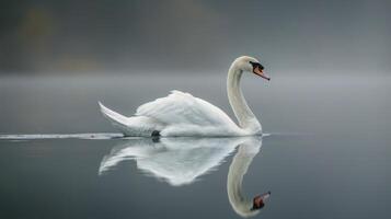 blanco cisne flotante en cuerpo de agua foto