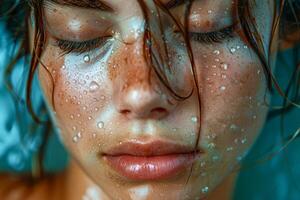 AI generated Close-Up of a Womans Face with Water Droplets photo