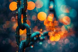 AI generated Close-up sparkling chain link with bokeh light effects on a dark background photo