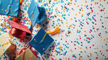 Graduation Caps and Confetti Thrown in the Air photo