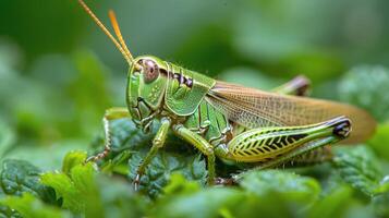 Close Up of a Grasshopper on a Leaf photo