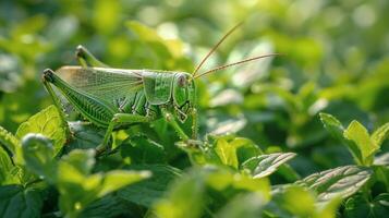 Close Up of a Grasshopper on a Leaf photo