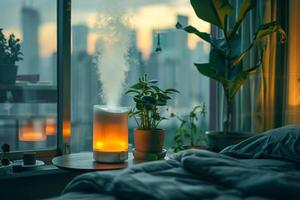 AI generated Urban Oasis with Aroma Diffuser and Indoor Plants at Twilight photo