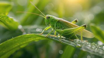 Close Up of a Grasshopper on a Leaf photo