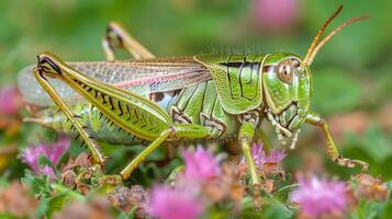 Close Up of a Grasshopper on a Leaf photo