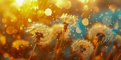 AI generated Soft dandelion heads bask under the golden sunlight, casting whimsical shadows and creating a soft-focus background photo