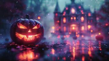 Halloween Pumpkin Perched on Water Puddle photo