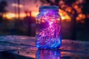 AI generated An electrifying blue lightning effect encapsulated in a jar, contrasting with the warm tones of a sunset photo