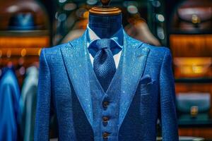 AI generated Fashionable blue business suit with a matching tie on a display dummy in an exclusive menswear store, selective focus with a dark atmospheric setting photo