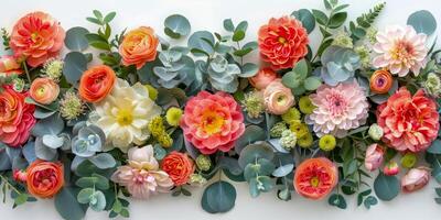 AI generated A striking arrangement of bright dahlias, cheerful blooms, and eucalyptus leaves against a white backdrop photo