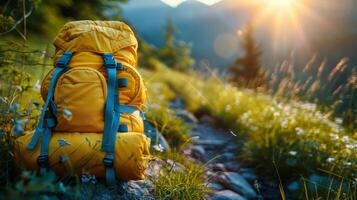 Yellow Backpack on Lush Green Field photo