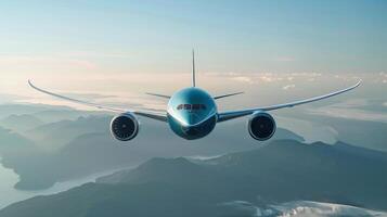 Large Jetliner Flying Through Blue Sky photo