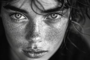 AI generated A striking black and white portrait highlighting the intense gaze of a young woman, with detailed freckles adding to the dramatic effect photo