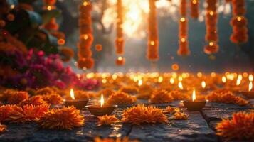 Table Set With Food Bowls and Lit Candles photo