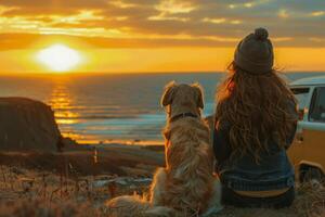 ai generado un sereno momento capturar un mujer y su perro sentado en contra un puesta de sol fondo, reflejando en el enlace Entre humano y mascota foto