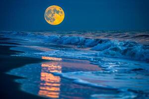ai generado un deslumbrante gran luna ilumina el noche cielo y océano, con sus reflexión brillante en el mojado arenoso costa. foto